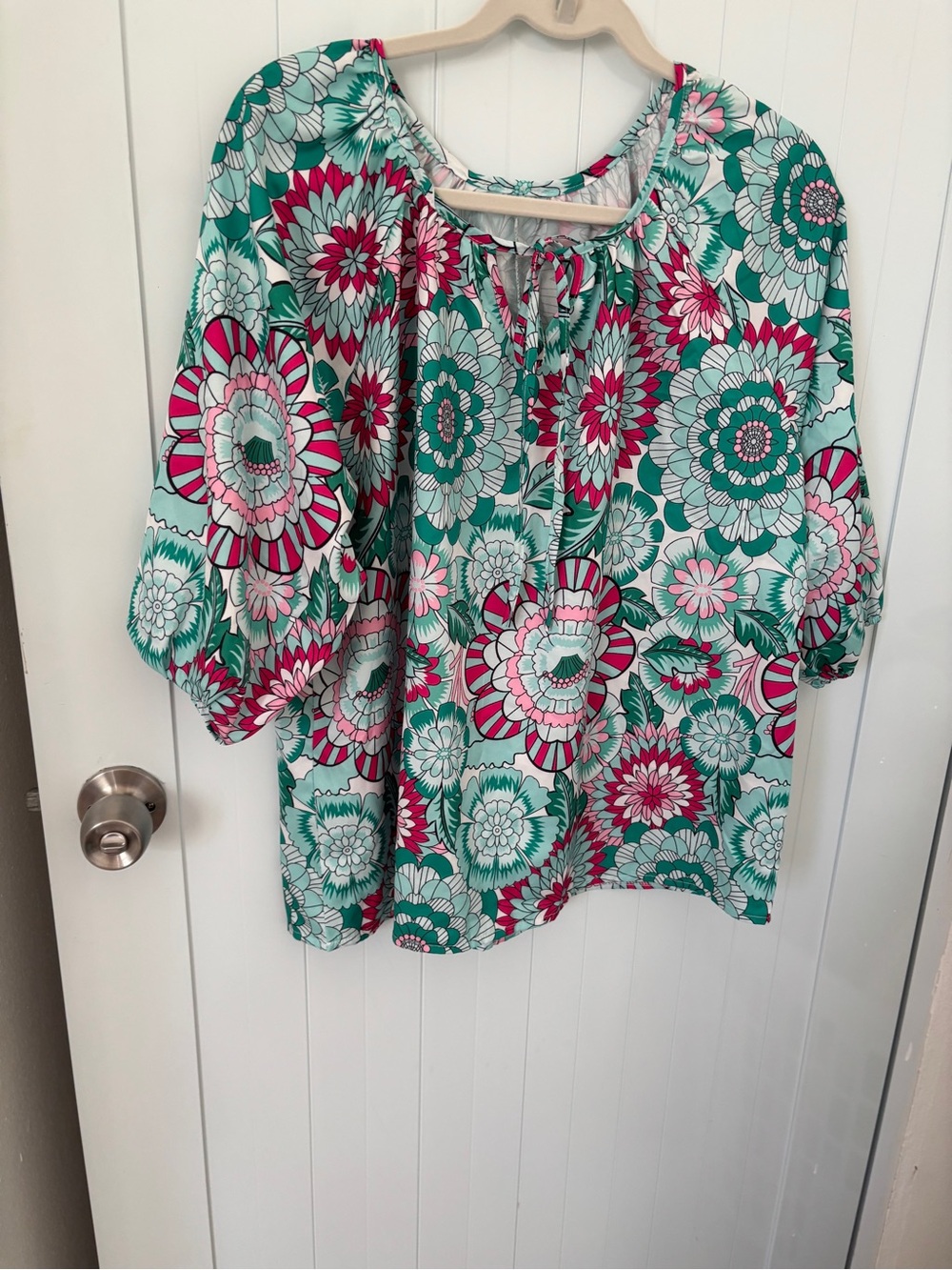 Floral Peasant Blouse in Teal & Pink - Women's Top